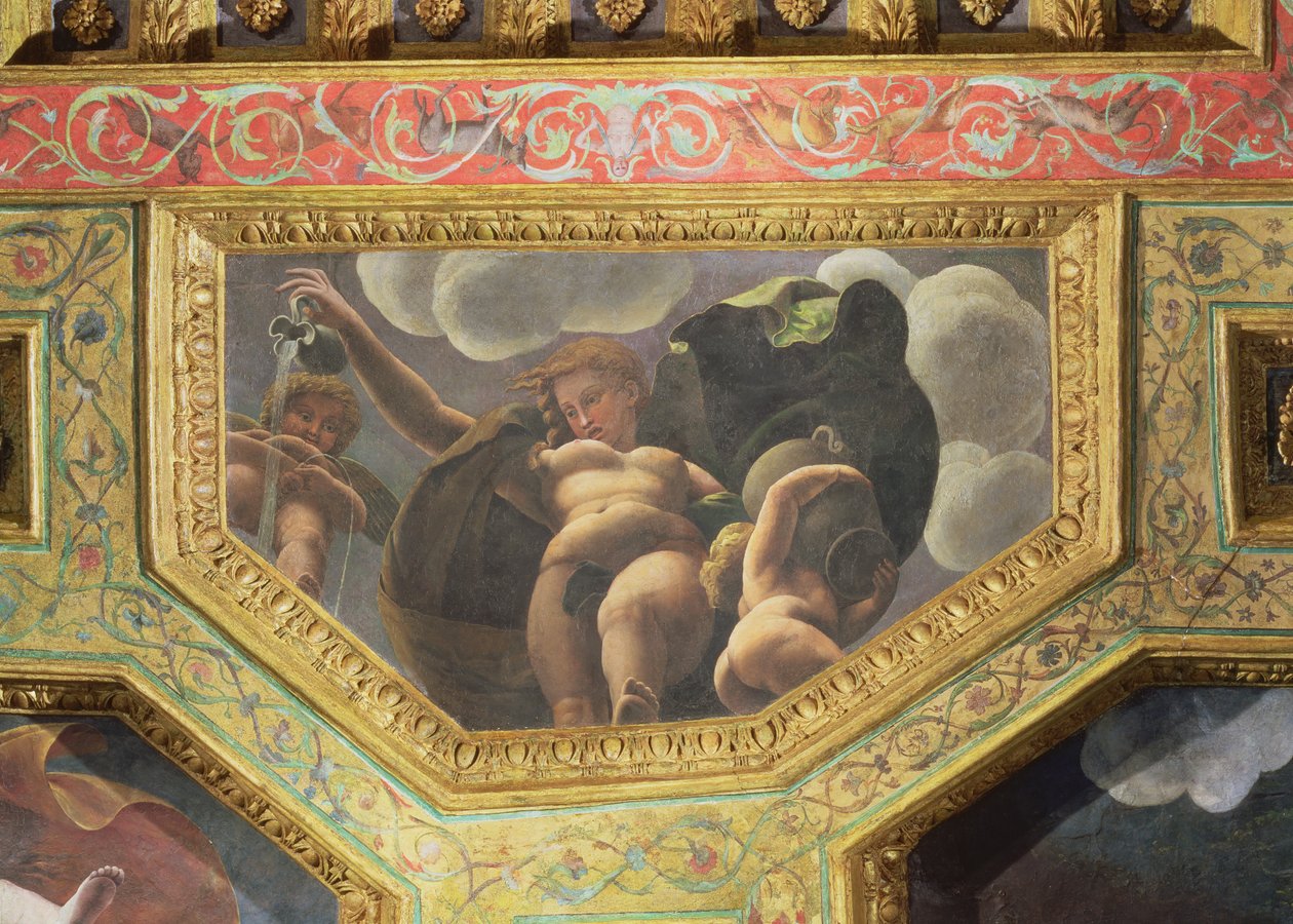 En nymfe, der hælder vand fra en kande, en putto, der tisser og en anden putto, der holder en urne, loftskasse fra Sala di Amore e Psiche, 1528 (olie på stuk) af Giulio Romano