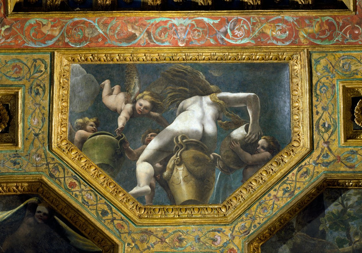 En nymfe, der hælder vand fra en urne hjulpet af putti, loftskasse fra Sala di Amore e Psiche, 1528 (olie på stuk) af Giulio Romano
