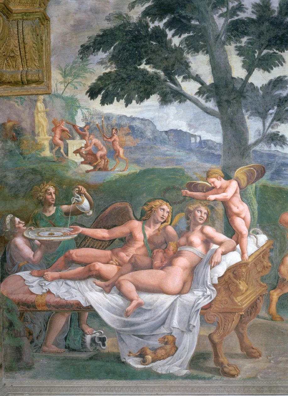 Amor og Psyche med deres datter Voluptuousness, ventet på af Ceres, der hælder vand i et bassin holdt af Juno, detalje af den ædle banket, fra Sala di Amore e Psiche, 1528 freskodetalje af 7 af Giulio Romano