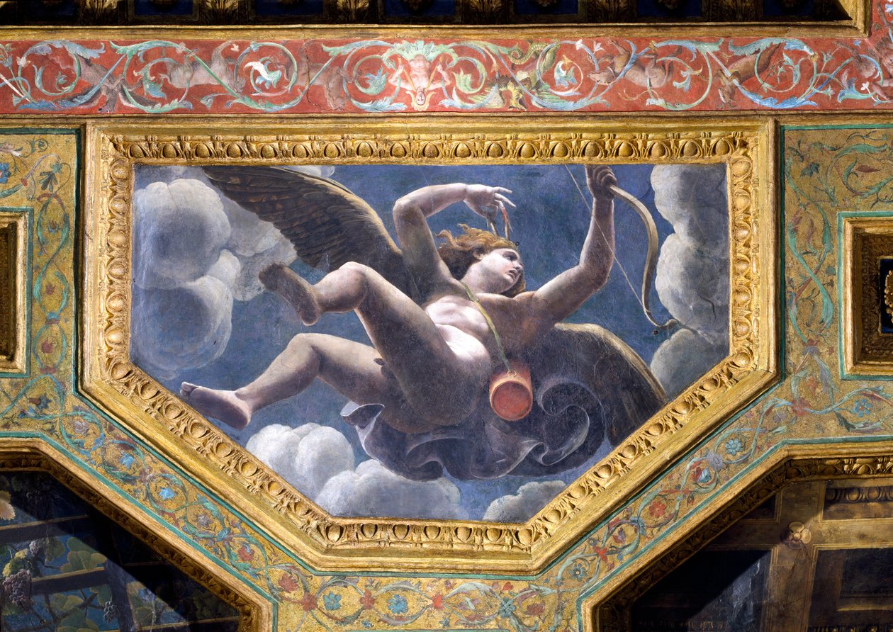 Amor, loftskasse fra Sala di Amore e Psyche, 1528 (olie på stuk) af Giulio Romano
