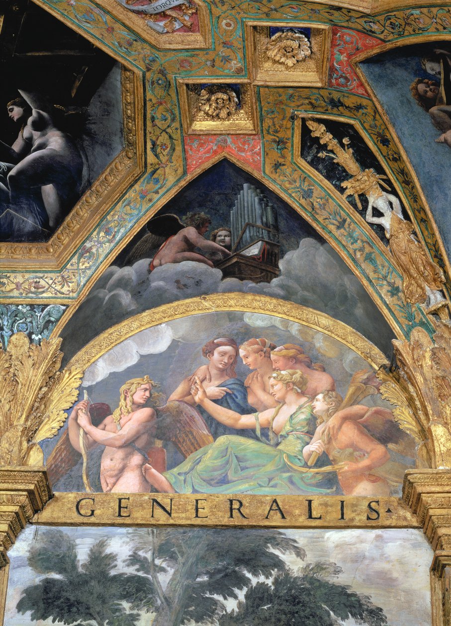 Amor med Venus og Merkur, som hun sender for at fange Psyche, lunette fra Sala di Amore e Psiche, 1528 (olie på stuk) af Giulio Romano