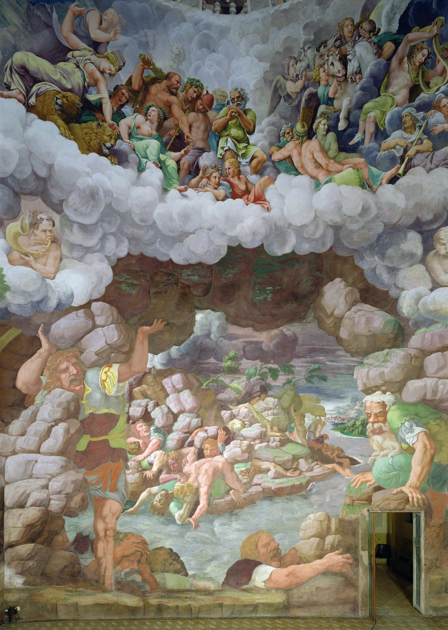 Detalje af ødelæggelsen af kæmperne af Jupiters tordenbolte, Sala dei Giganti, 1536 (fresco) af Giulio Romano