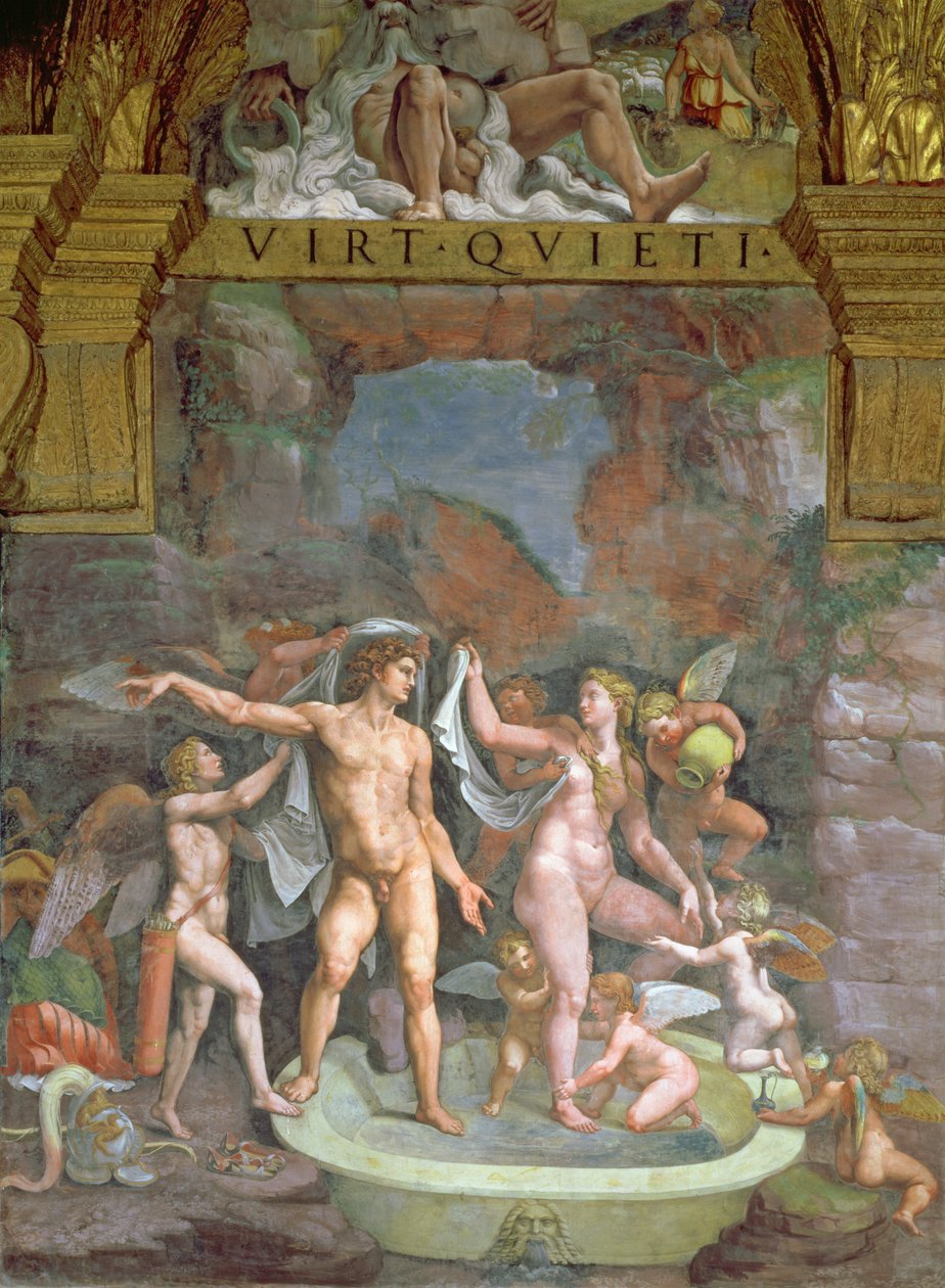 Mars og Venus bader, hjulpet af Amor og putti fra Amors og Psykes Hall, 1528 af Giulio Romano