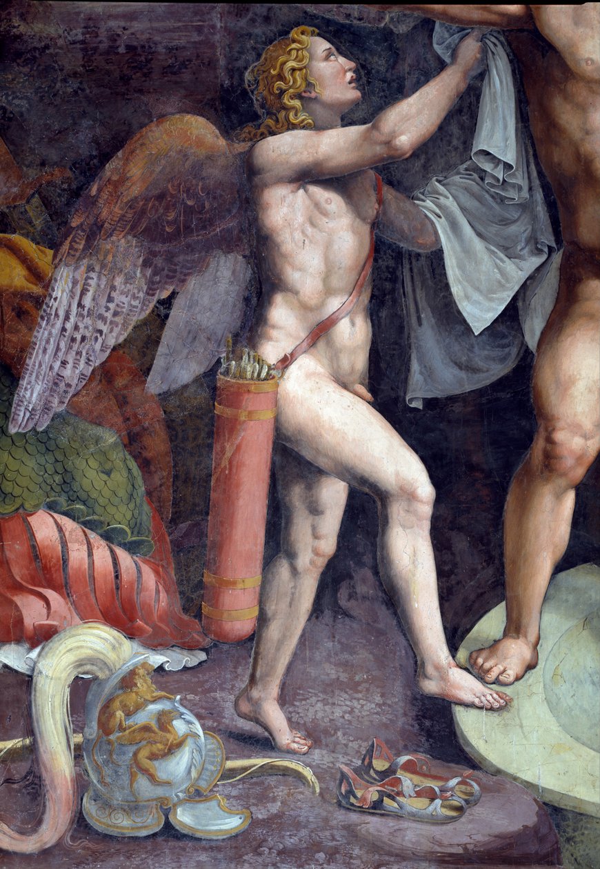 Mars og Venus bader, detalje, der viser Amor, der hjælper Mars fra Sala di Amore e Psiche, 1528 freskodetalje af 78435 af Giulio Romano