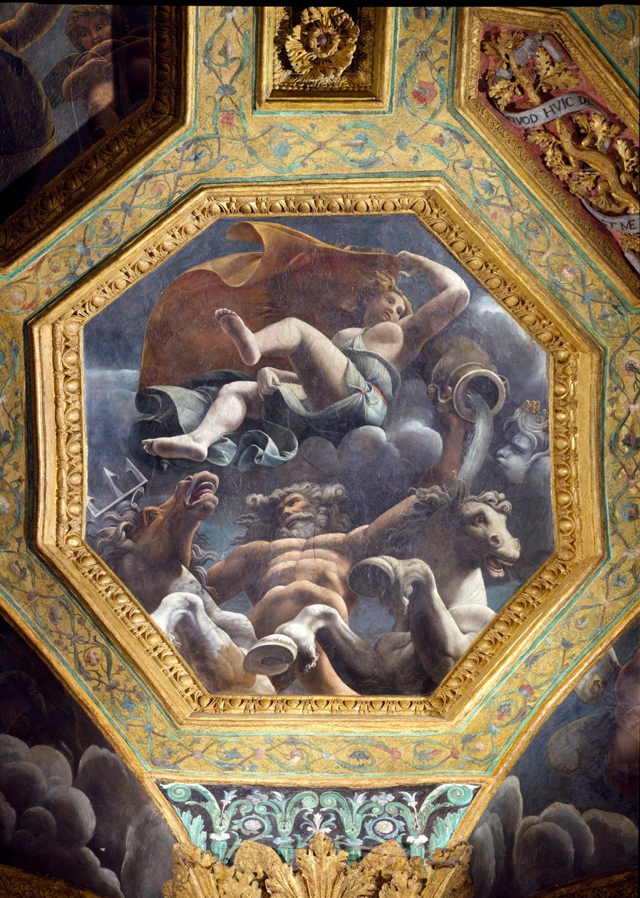 Neptun og en vandnymfe, loftsfrise fra Sala di Amore e Psiche, 1528 (olie på stuk) af Giulio Romano