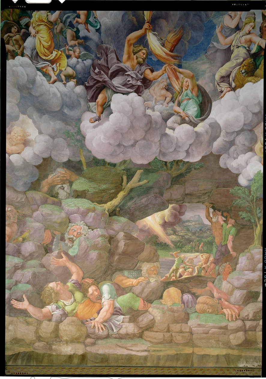Olympen og Zeus, der udsletter de oprørske jætter, detalje fra en af væggene i Sala dei Giganti, 1530-32 af Giulio Romano