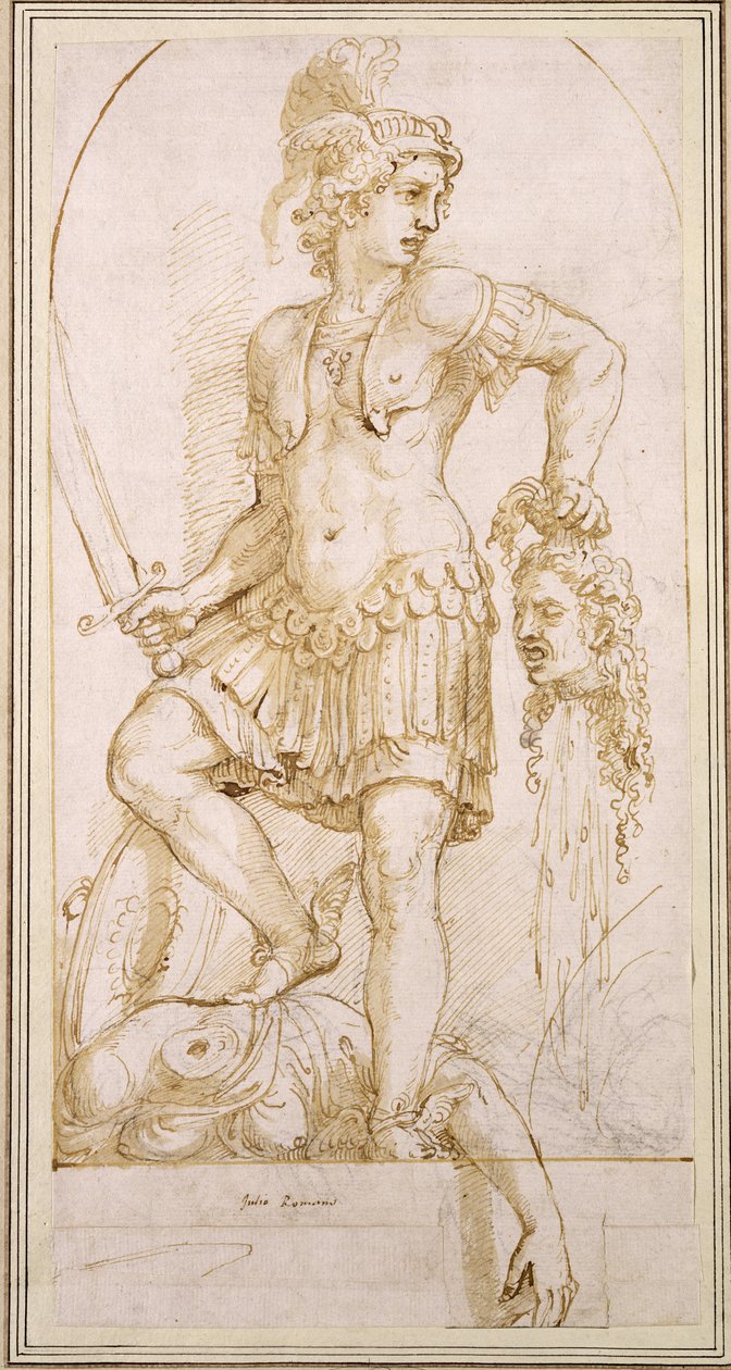 Perseus, ca. 1540 (pen og brun blyant med sort kridt på hvidt papir) af Giulio Romano