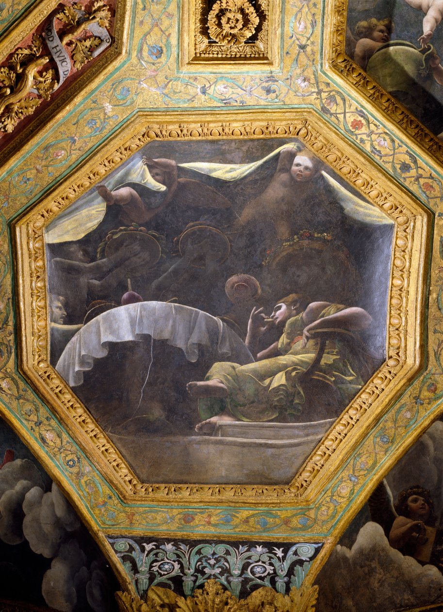 Psyche spise i Amors hus, loftskasse fra Sala di Amore e Psyche, 1528 (olie på stuk) af Giulio Romano