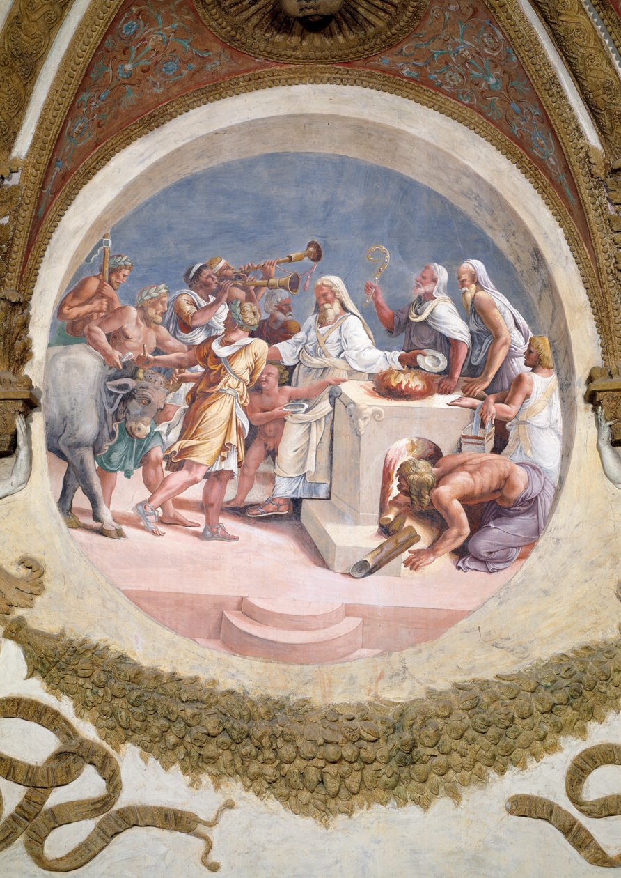 Ofring af en okse, fra Camera dei Venti, 1528 af Giulio Romano