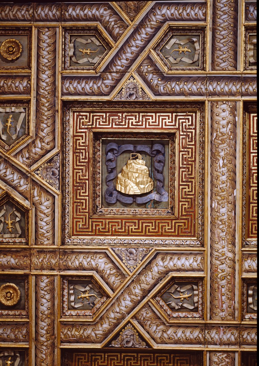 Sala dei Cavalli, udsigt til loftet med det udskårne Gonzaga-indtryk af Olympus-bjerget, firben og ornamenterede rosetter omkranset af trompe l