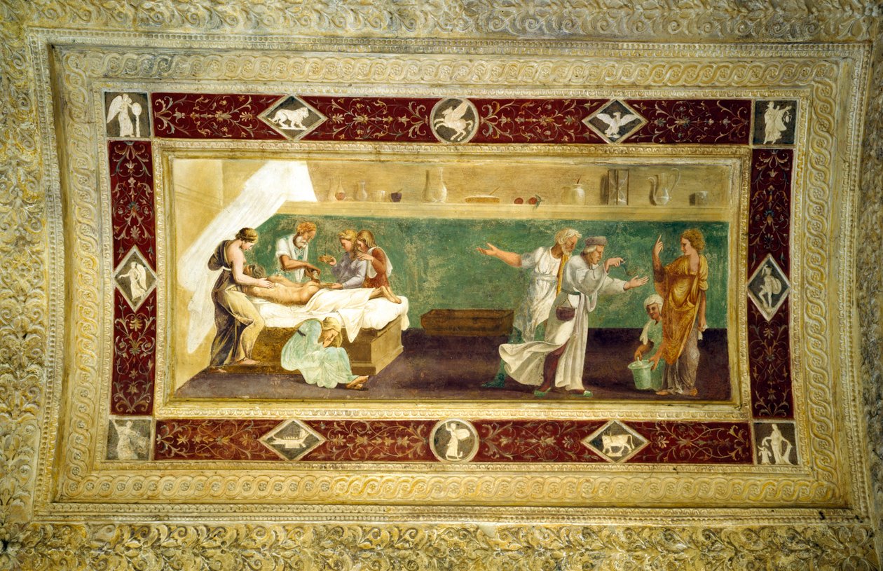 Scene med en læge, der behandler en syg mand, loftsmaleri fra Giardino Segreto af Giulio Romano