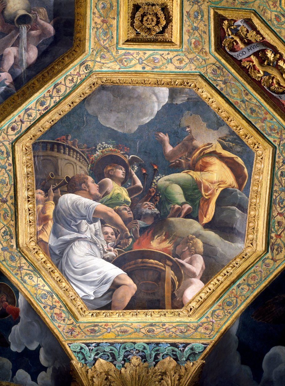 Scene med ofringen af en due, loftskasse fra Sala di Amore e Psiche, 1528 (olie på stuk) af Giulio Romano