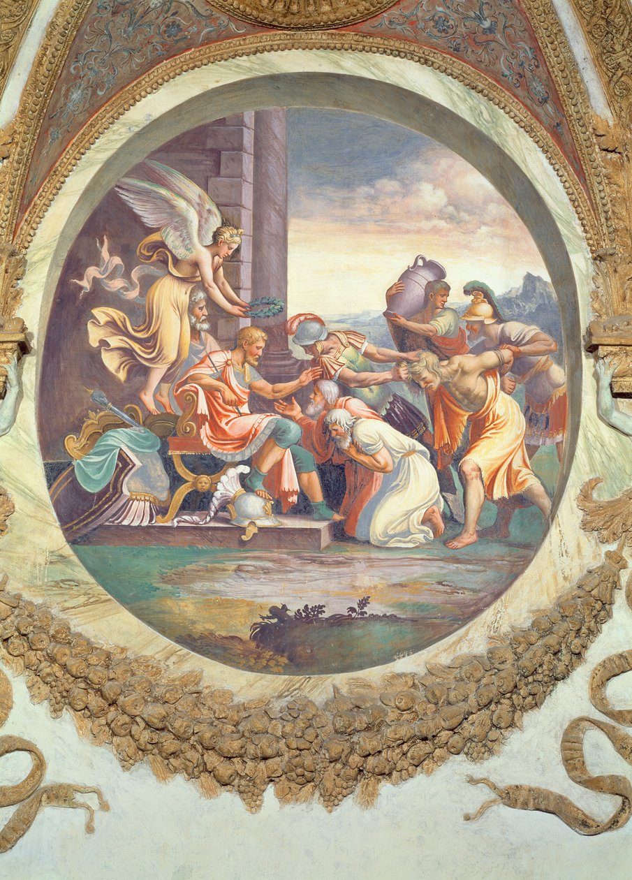 Scene, der viser, at de, der er født i Vandmandens tegn i forbindelse med stjernetegnet Aquila, er udstyret med krigeriske dyder, symboliseret ved en triumfscene, fra Camera dei Venti, af Giulio Romano