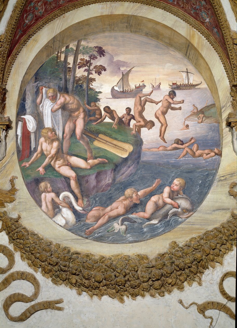 Scene, der viser, at de, der er født under Vædderens tegn i forbindelse med stjernebilledet Skibet og Delfinen, er foræret med evner til navigation og svømning, symboliseret ved skibet og af Giulio Romano