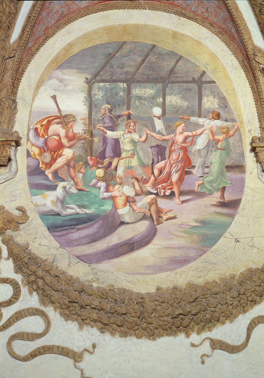 Scene, der viser, at de, der er født under Vædderens tegn i forbindelse med gedens stjernebillede, har en evne til at spille zampogna og en tilbøjelighed til amorøse lidenskaber, s. af Giulio Romano