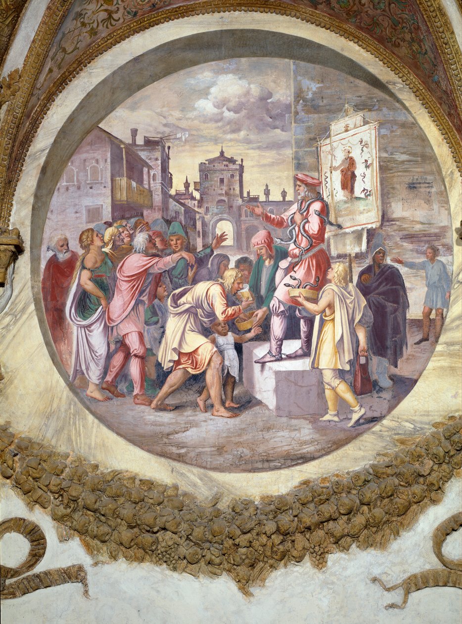 Scene, der viser, at de, der er født under Stenbukkens tegn i forbindelse med stjernebilledet Serpentarius eller Ophiucus, vil være slangetæmmere, symboliseret af en sælger af theriac, en modgift igen af Giulio Romano