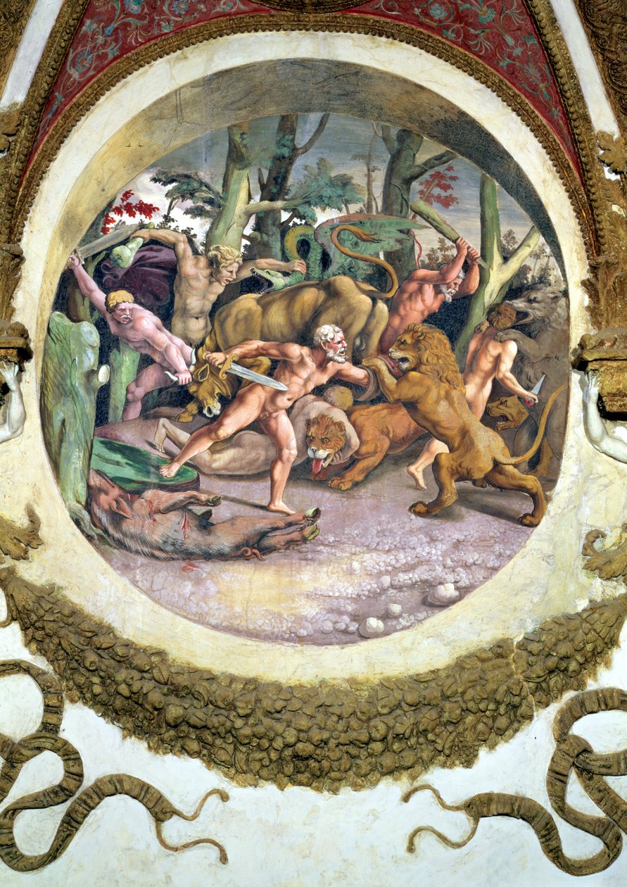 Scene, der viser, at de, der er født i Løvens tegn i forbindelse med stjernebilledet Hundestjernen, vil møde vilde dyr uden frygt, symboliseret ved scenen med en kamp mellem mænd og dyr. af Giulio Romano