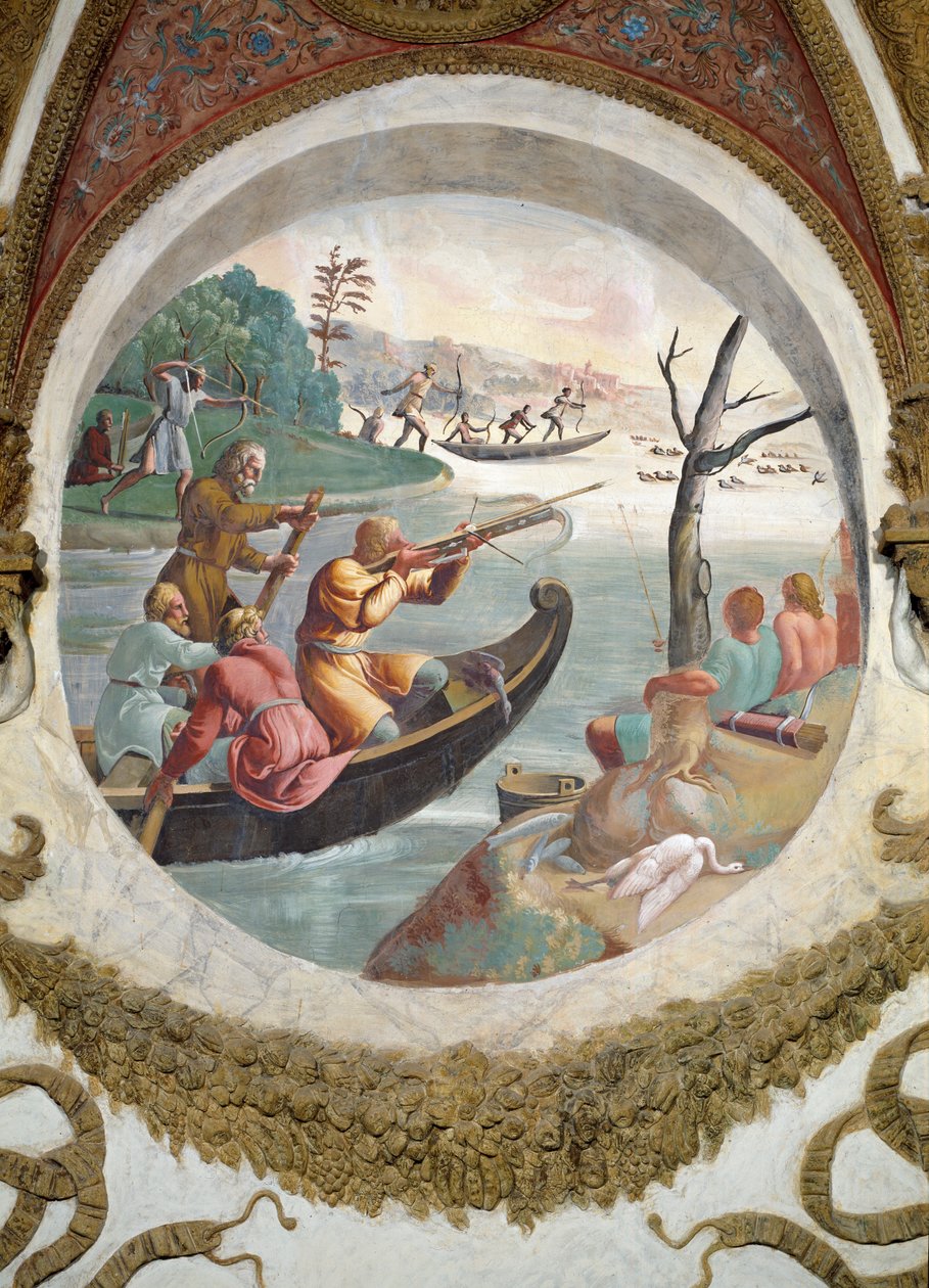Scene, der viser, at de, der er født under Vægtens tegn i forbindelse med stjernebilledet Sagitta eller Pilen, vil være dygtige til bueskydning, symboliseret ved en jagt med bueskytter, der skyder ænder med cr. af Giulio Romano
