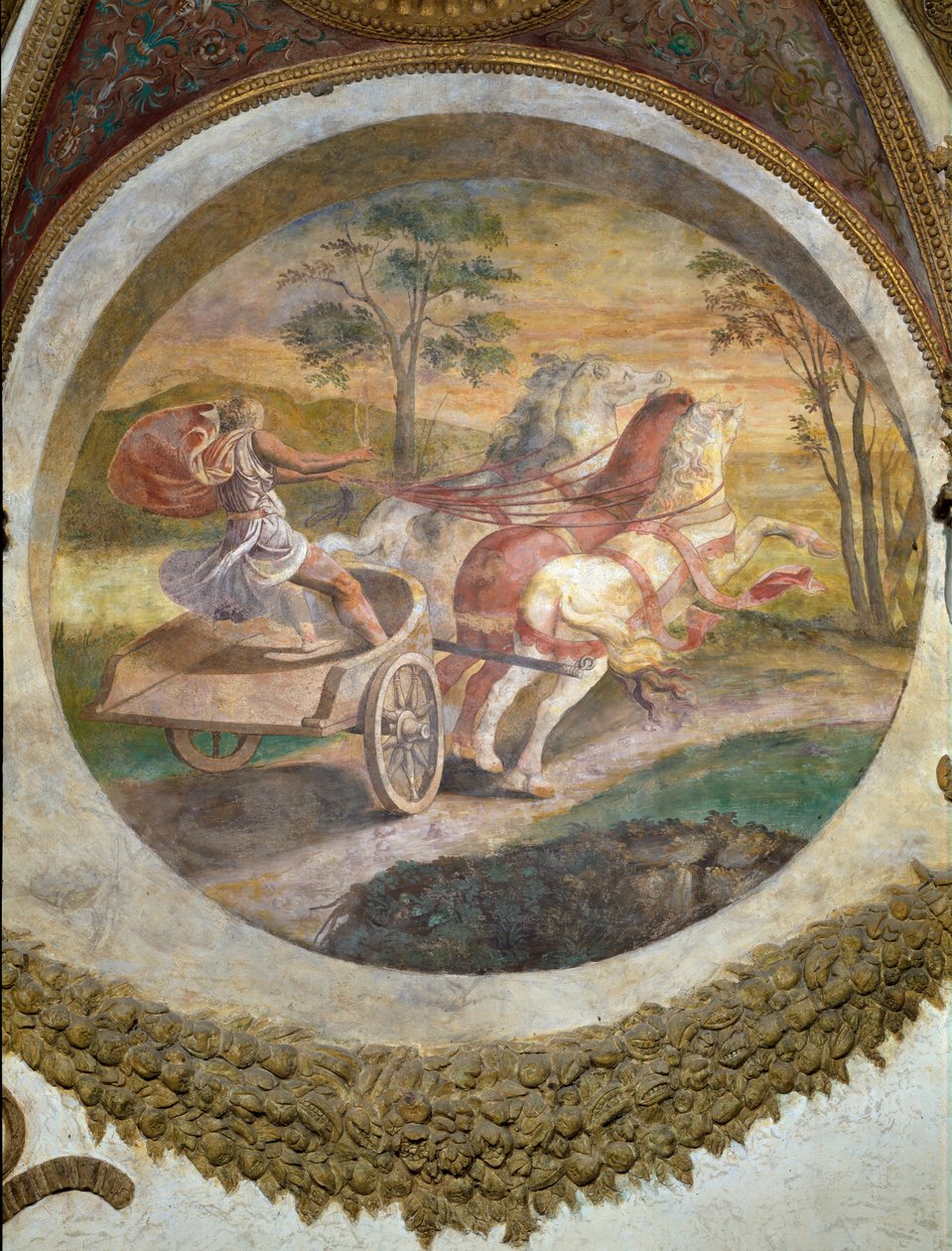 Scene, der viser, at de, der er født i Skorpionens tegn i forbindelse med Kentauren, vil være dygtige til at køre på heste, symboliseret af en vognmand, fra Camera dei Venti, af Giulio Romano