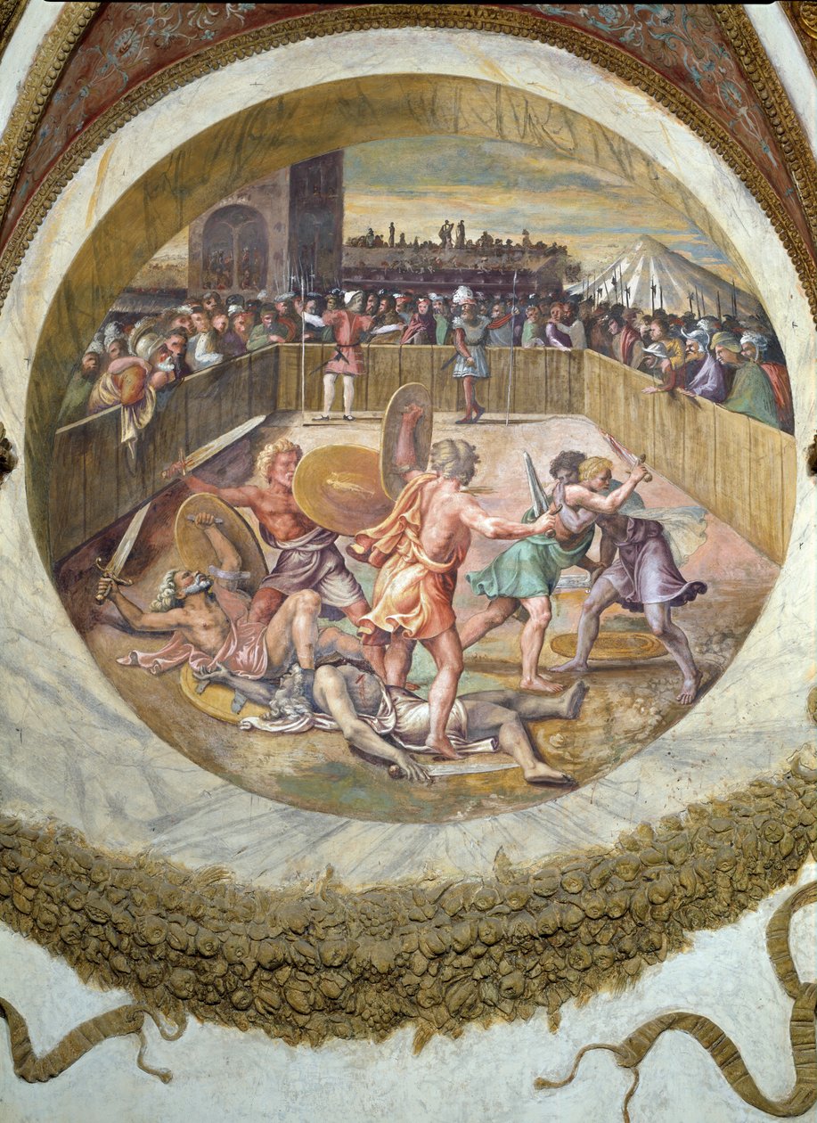 Scene, der viser, at de, der er født under Tyrens tegn i forbindelse med stjernebilledet Plejaderne, får en evne til at kæmpe, symboliseret ved en gladiatorkamp, fra C. af Giulio Romano