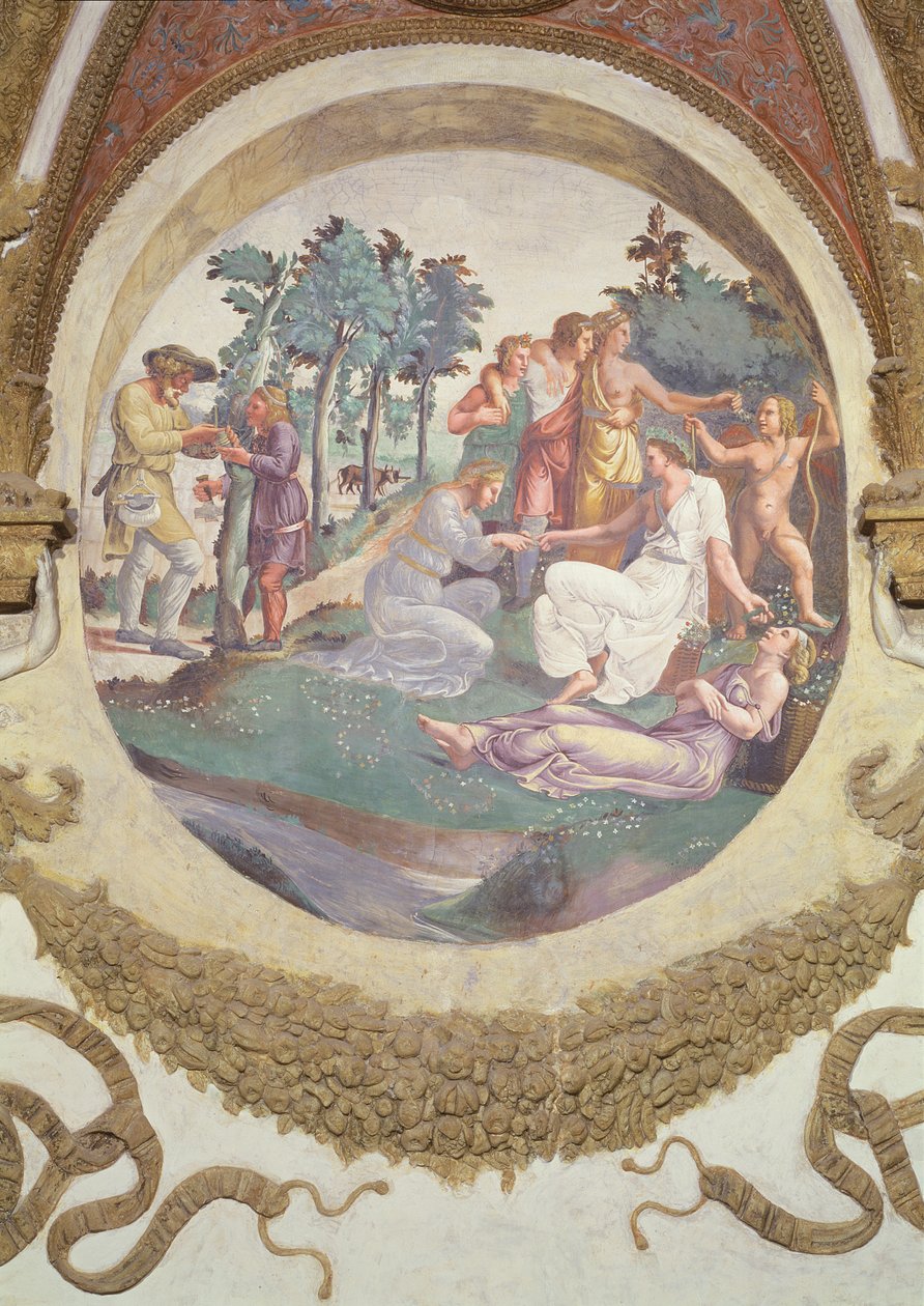 Scene, der viser, at de, der er født under Jomfruens tegn i forbindelse med stjernebilledet Kronen, er skænket en kærlighed til blomster og haver, symboliseret ved unge mennesker, der væver guirlander i af Giulio Romano