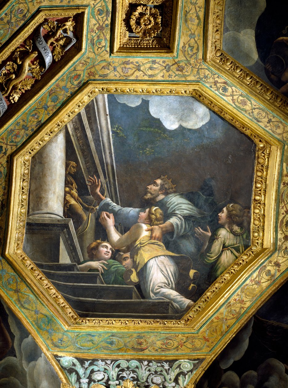 Supplikerende figurer på trapperne til et stort palads, loftskasse fra Sala di Amore e Psiche, 1528 (olie på stuk) af Giulio Romano