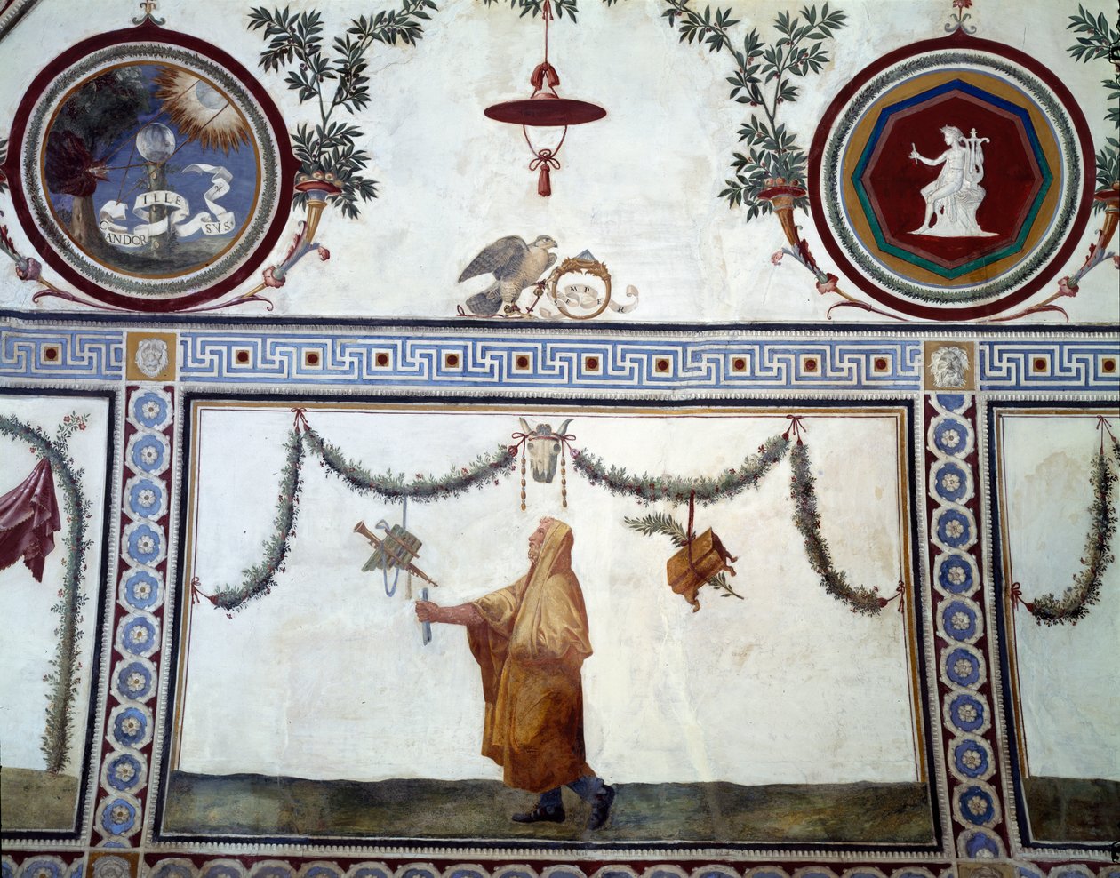 Camera con Fregio di Amorini Chamber of the Cupid Frieze detalje af loftet, der viser en klædt mand og insignier fra Medici-familien, fresko fra 1520
