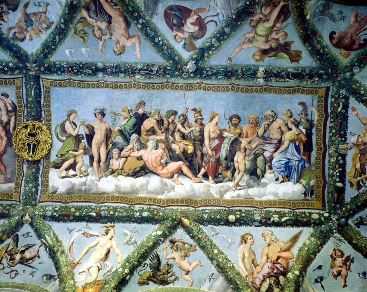 Gudernes råd, loftsudsmykning fra "Loggiaen med Amor og Psyche", 1510-17 af Giulio Romano