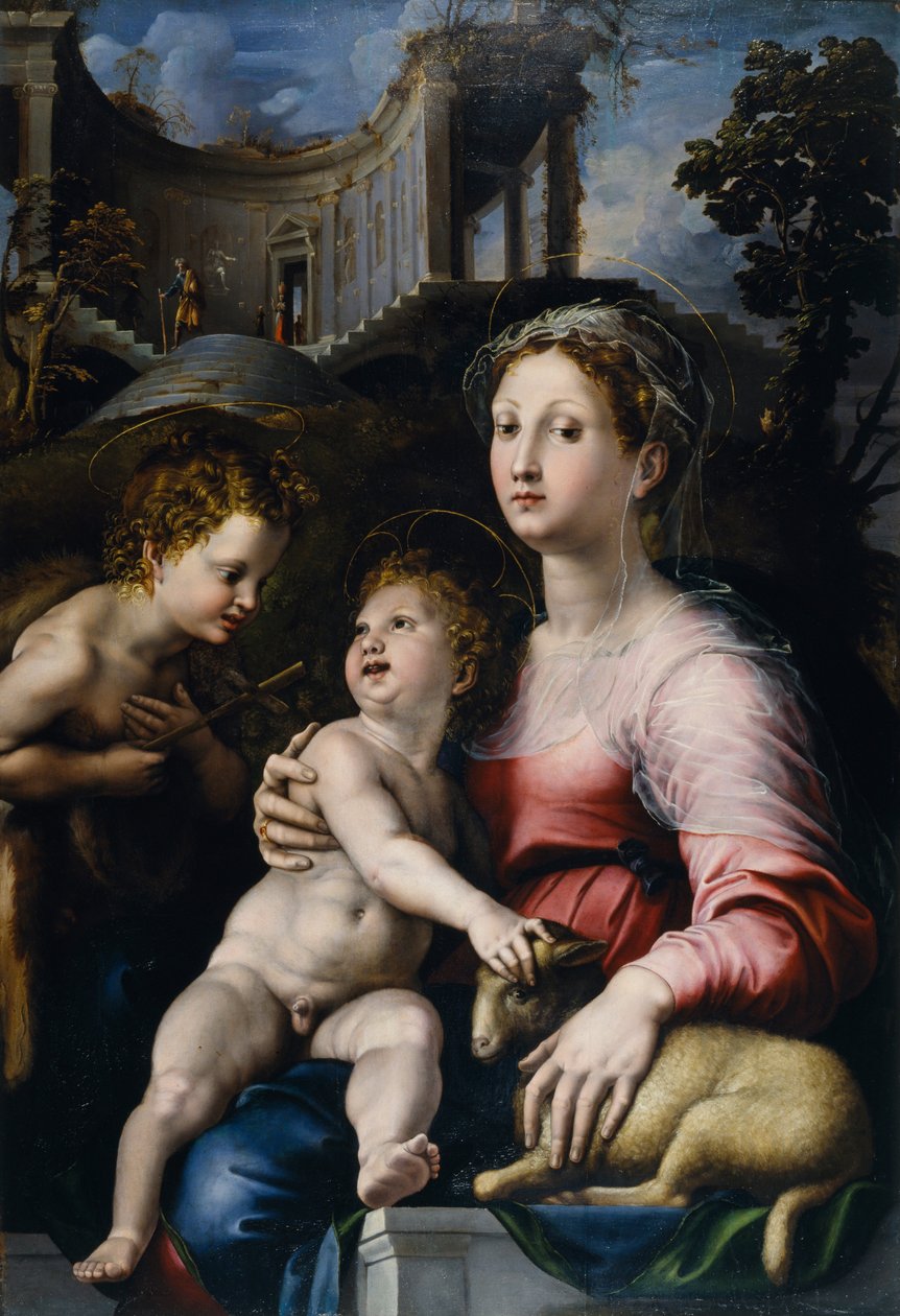 Madonna og barn med Johannes Døberen af Giulio Romano