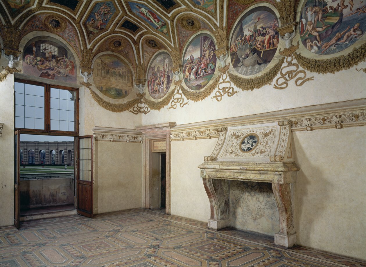 Udsigt over Camera dei Venti, der viser stukkaturkaminen og frisen med stjernetegn i rundstavler over, 1528 af Giulio Romano