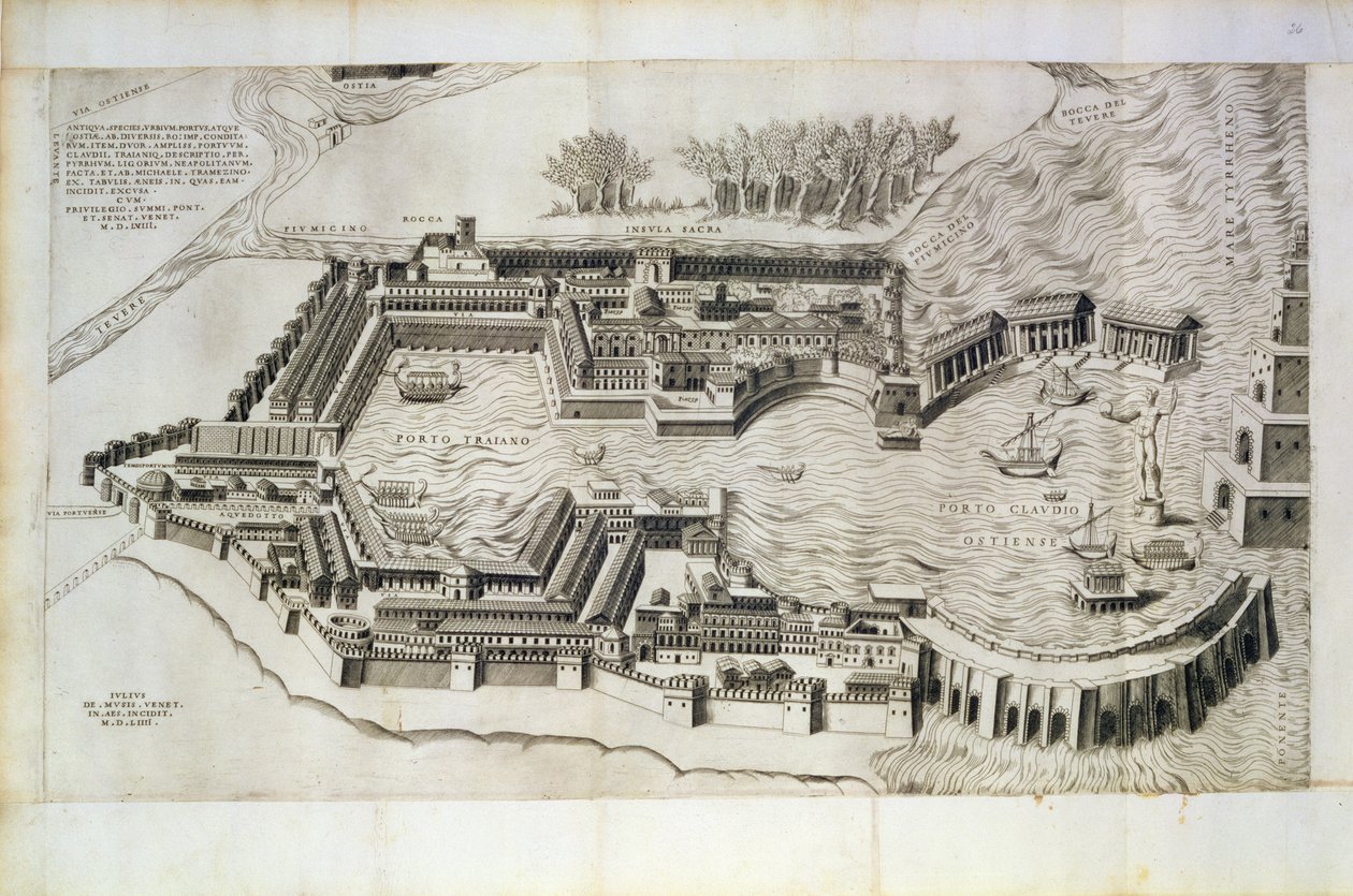 Plan over havnen i Ostia Antica, indgraveret af kunstneren, 1554 af Giulio de Musi