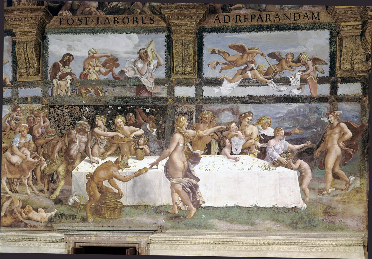 Forberedelser til gudernes banket til amor og psykes bryllup, detaljer af Giulio (1483 1520) Romano