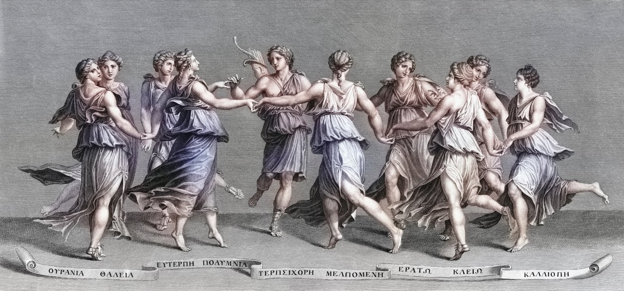 Apollo danser med sine ni olympiske muser. (Print) af Giulio (after) Romano