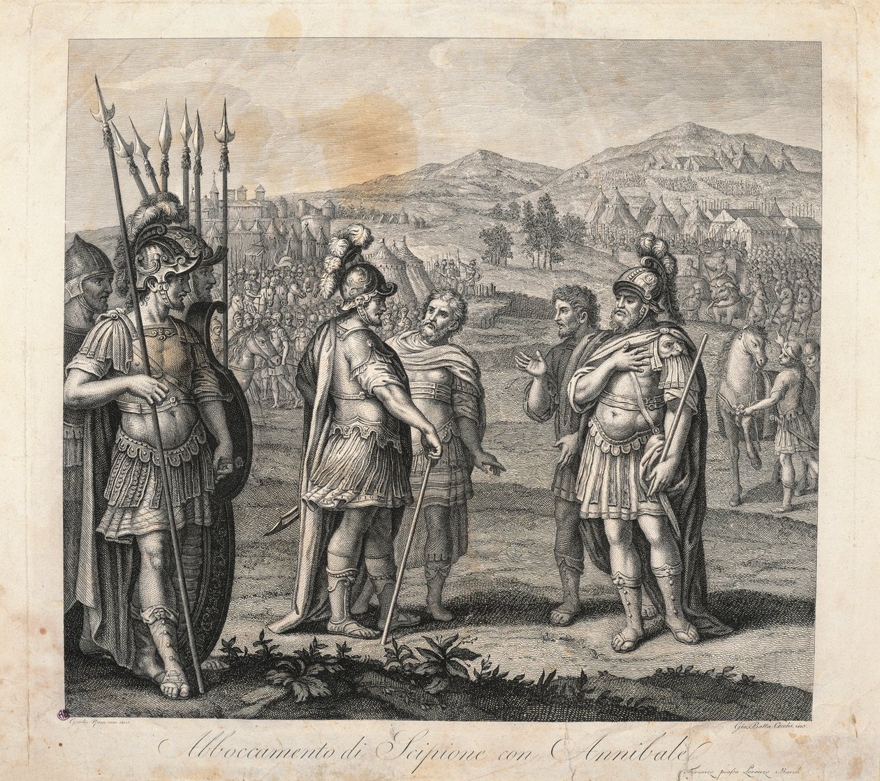 Møde mellem Hannibal og Scipio under de puniske krige (ætsning) af Giulio (after) Romano