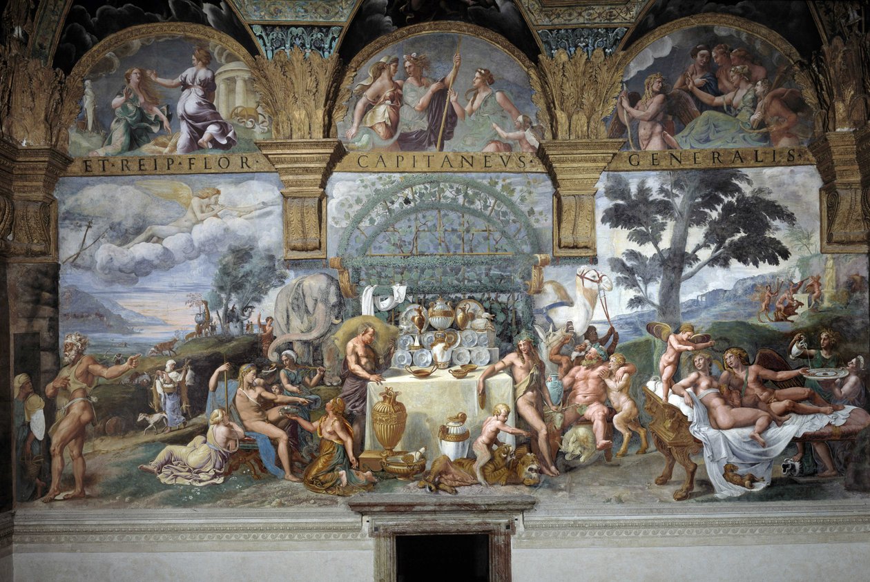 Den adelige banket til fejring af Amors og Psyches bryllup, sydvæggen af Amors og Psyches rum, ca. 1527-31 (fresko) af Giulio (and workshop) Romano