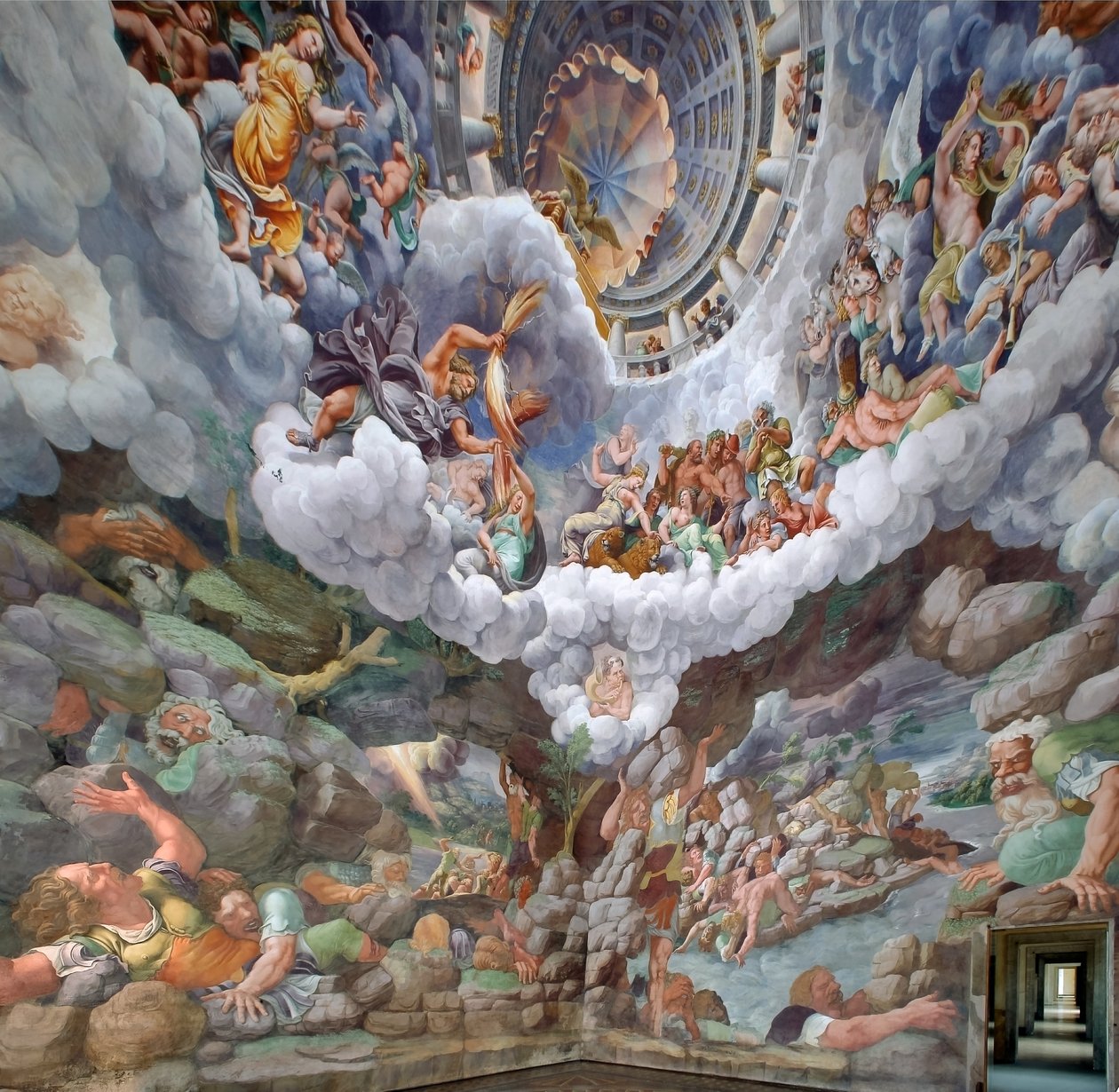 Zeus omgivet af andre guder fra Olympus, der kaster lyn mod giganterne og ødelægger dem, hvælving og syd- og vestvæggene, giganternes kammer (Sala dei Giganti) af Giulio (and workshop) Romano