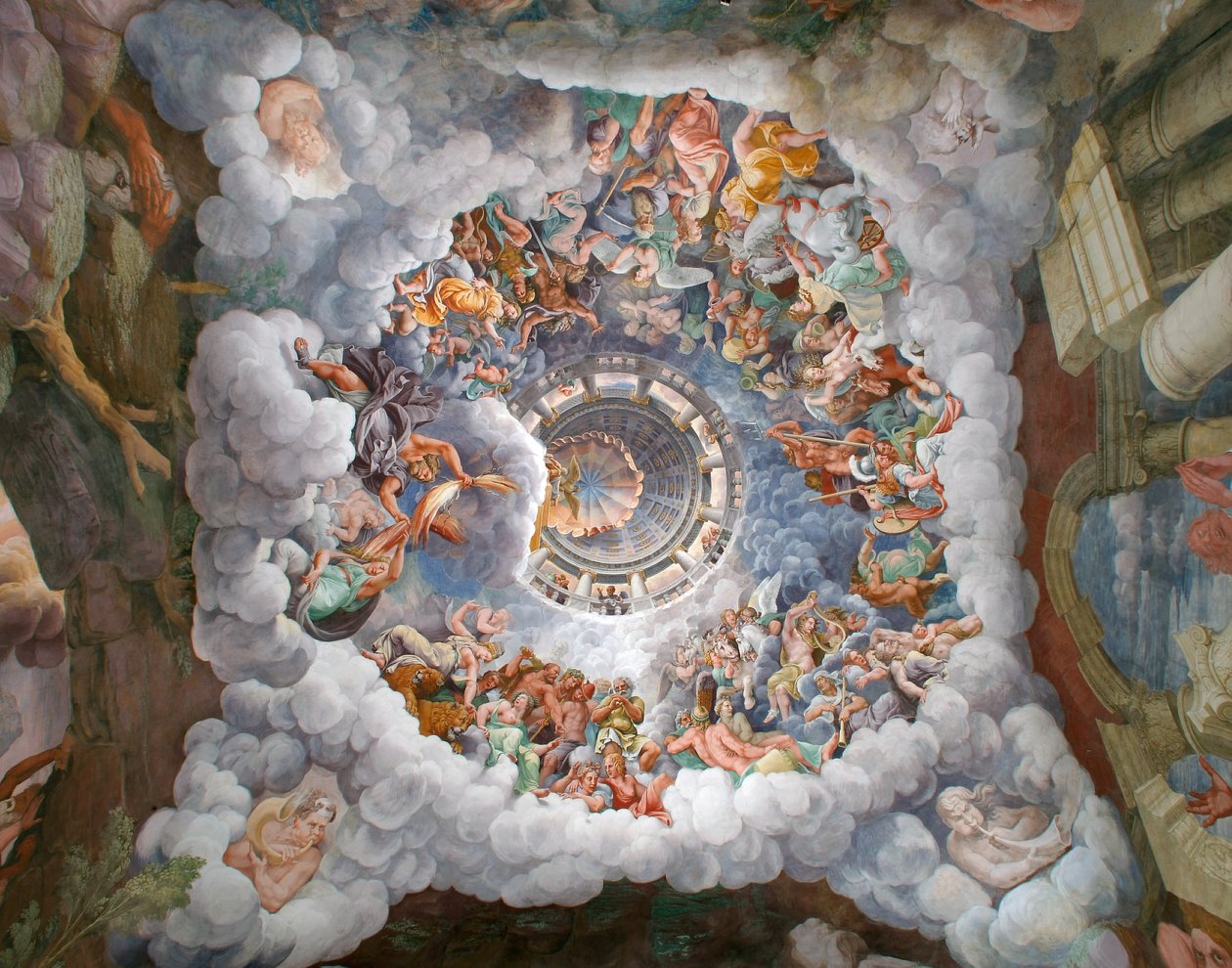 Zeus omgivet af andre guder fra Olympus, der kaster lyn mod giganterne og ødelægger dem, hvælving og syd- og vestvæggene, giganternes kammer (Sala dei Giganti) af Giulio (and workshop) Romano