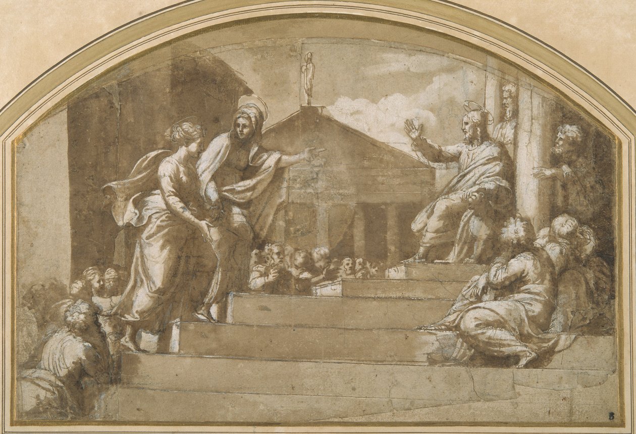Martha bringer Maria Magdalene til Kristus (pen og blæk på papir) af Giulio (attr. to) Romano