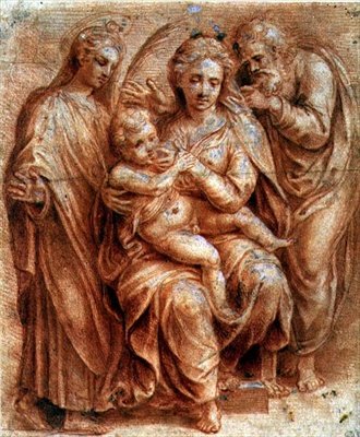 Hellig familie med en jomfru martyr (rødt kridt forhøjet med hvidt) af Giulio (circle of) Romano