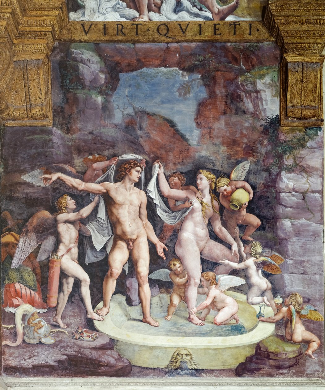 Room of Psiche, nordlige væg: Venus og Mars bader; Eros og nogle amoriner går i gudindens bad (fresko) af Giulio (workshop of) Romano