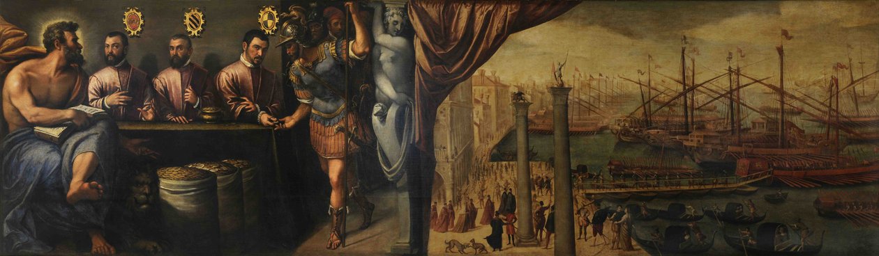 Saint Mark hjælper tre dommere med at rekruttere militsen til flåden, ca 1586 af Giulio Angolo del Moro
