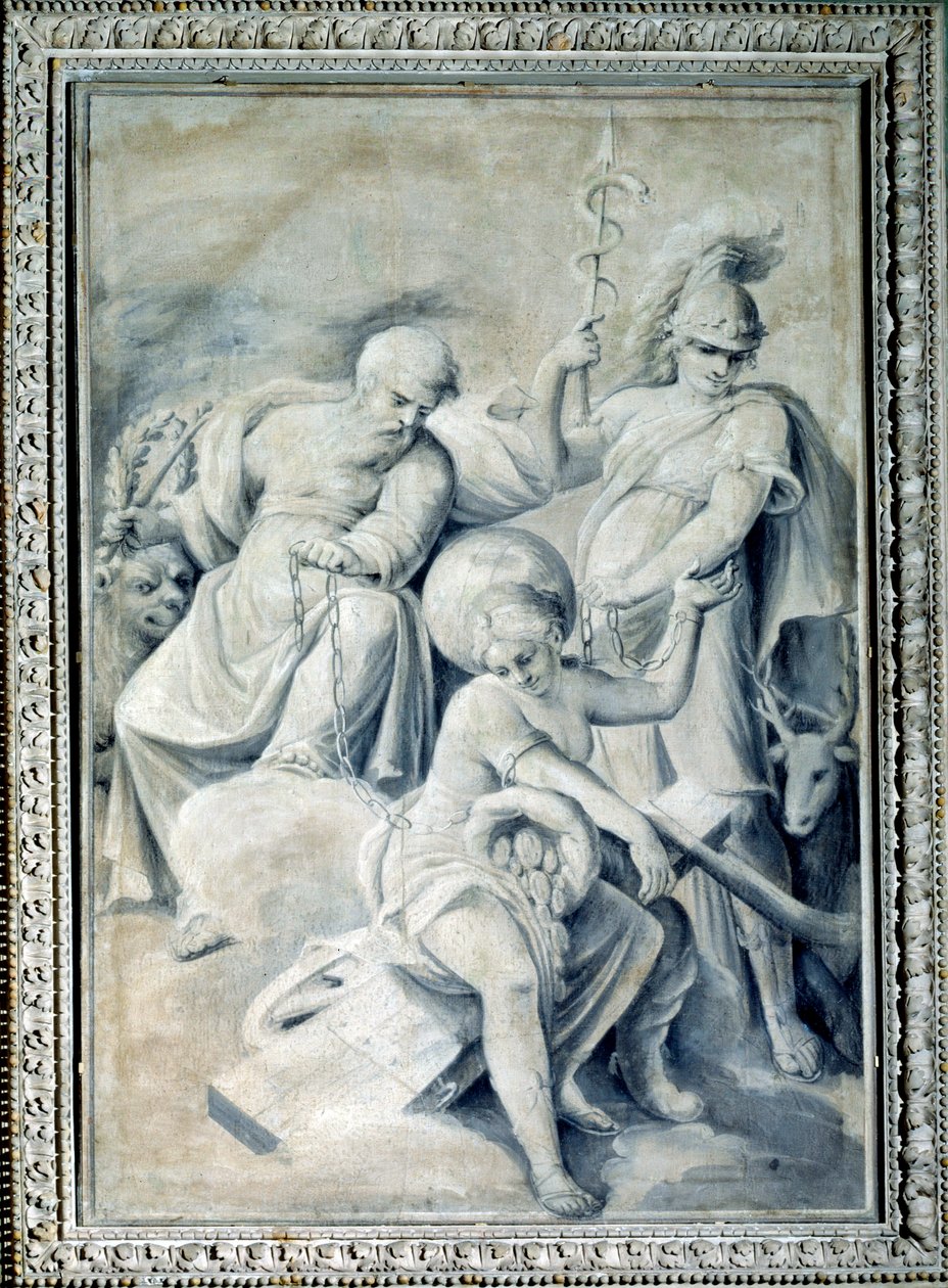 Allegori om forsigtighed og værdi, der holder lænket formue (maleri, ca. 1820-1826) af Giulio Ballino