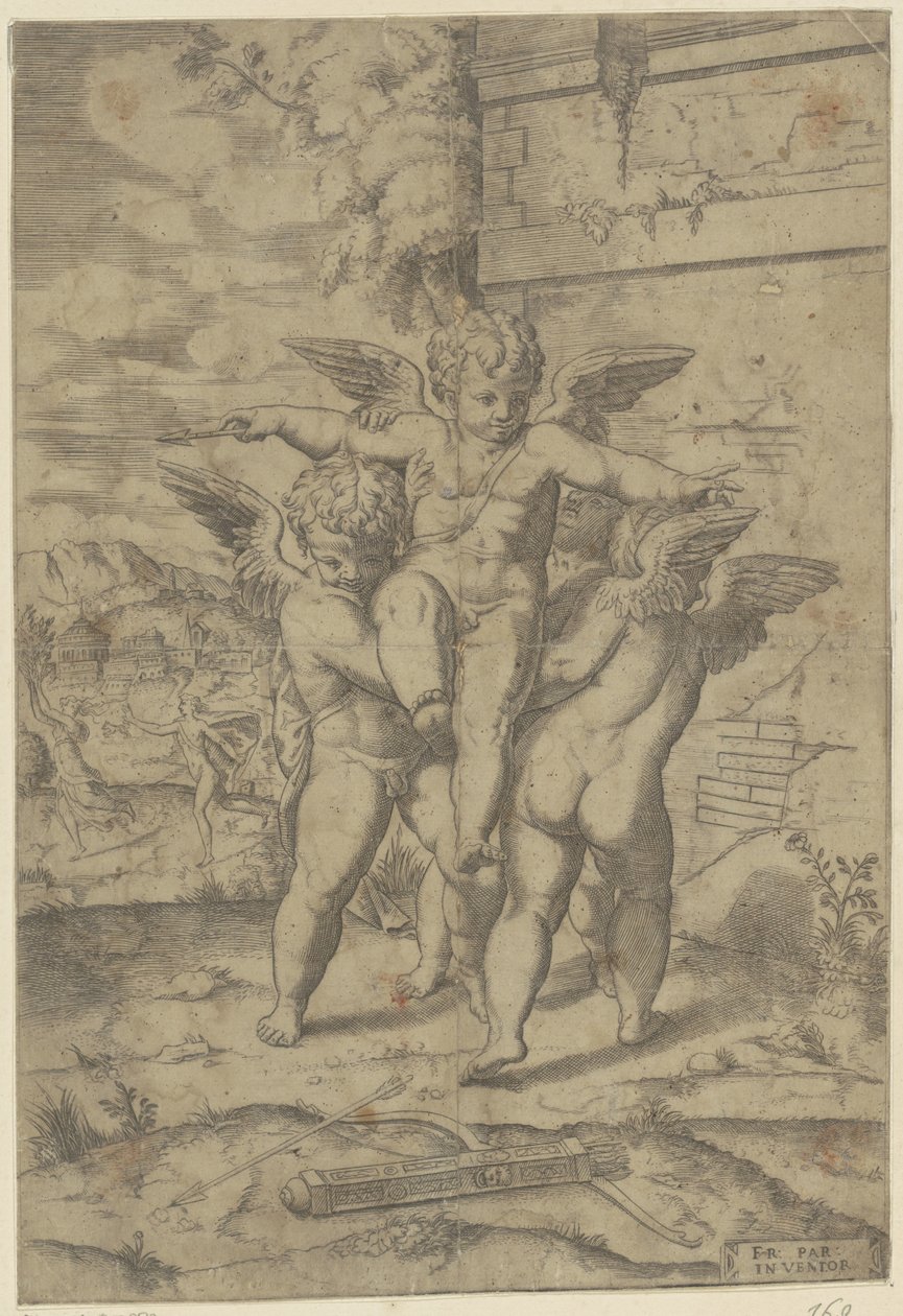 Amor og tre putti af Giulio Bonasone (attributed to)