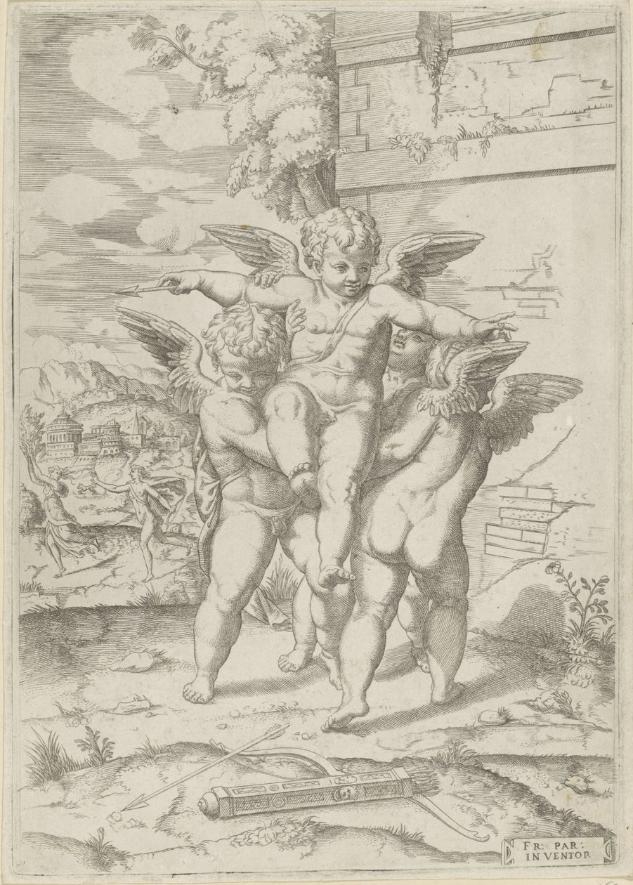 Amor og tre putti af Giulio Bonasone (attributed to)