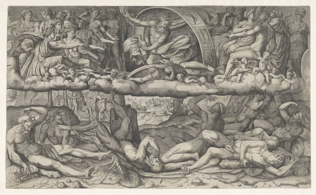 Slaget om guder og kæmper La lotta fra dei e gigantiske af Giulio Bonasone (attributed to)