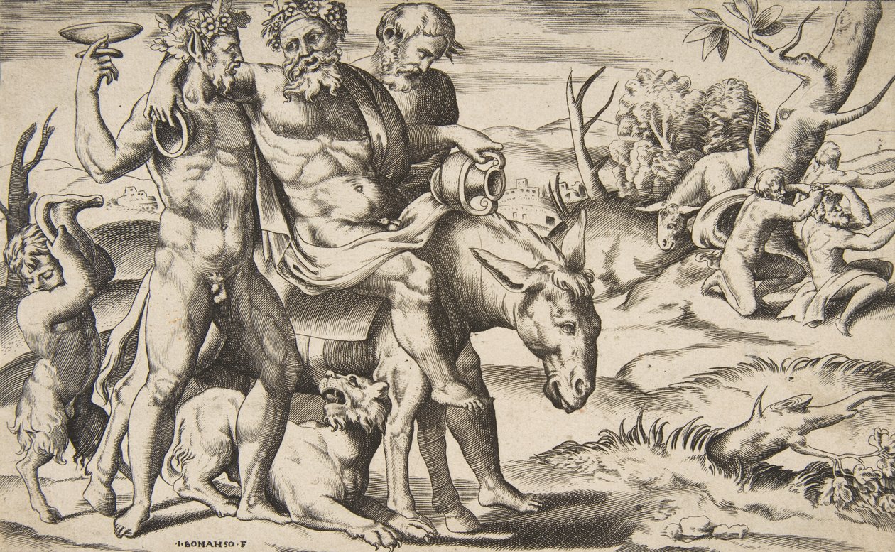 En beruset Silenus, der rider på en røv, støttet af satyrer, 1531-76. af Giulio Bonasone
