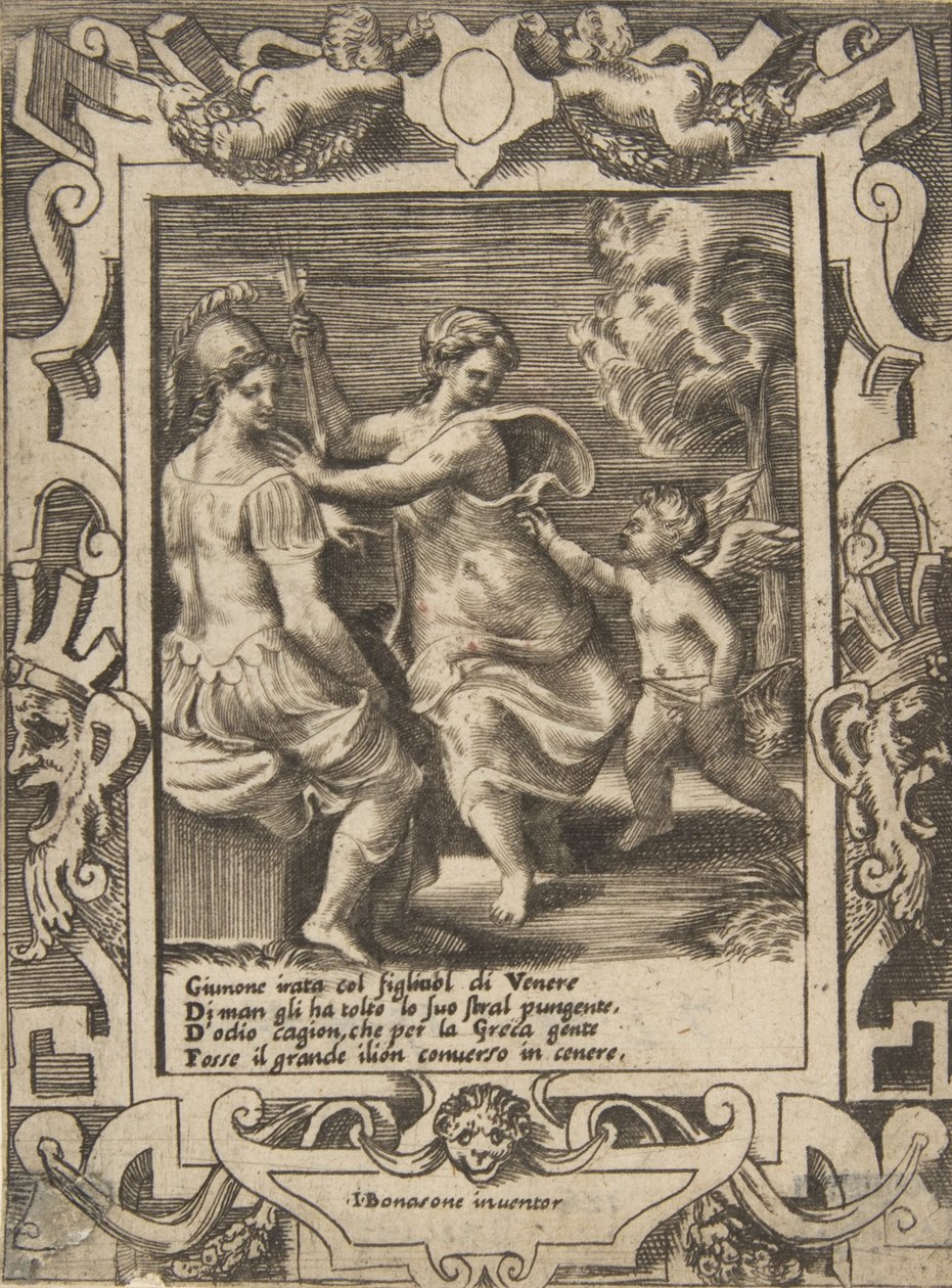 Athena sad i nærheden af Juno, som har fjernet Amors pile, sat inden for en udførlig ramme..., 1531-76. af Giulio Bonasone
