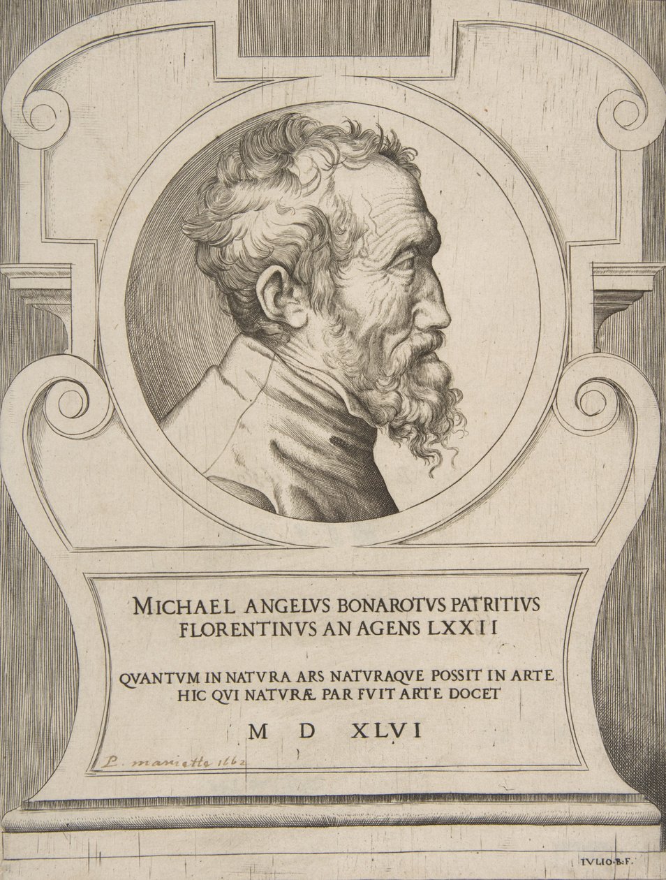 Busteportræt af Michelangelo vendt mod højre, sat i en kartouche., 1546. af Giulio Bonasone