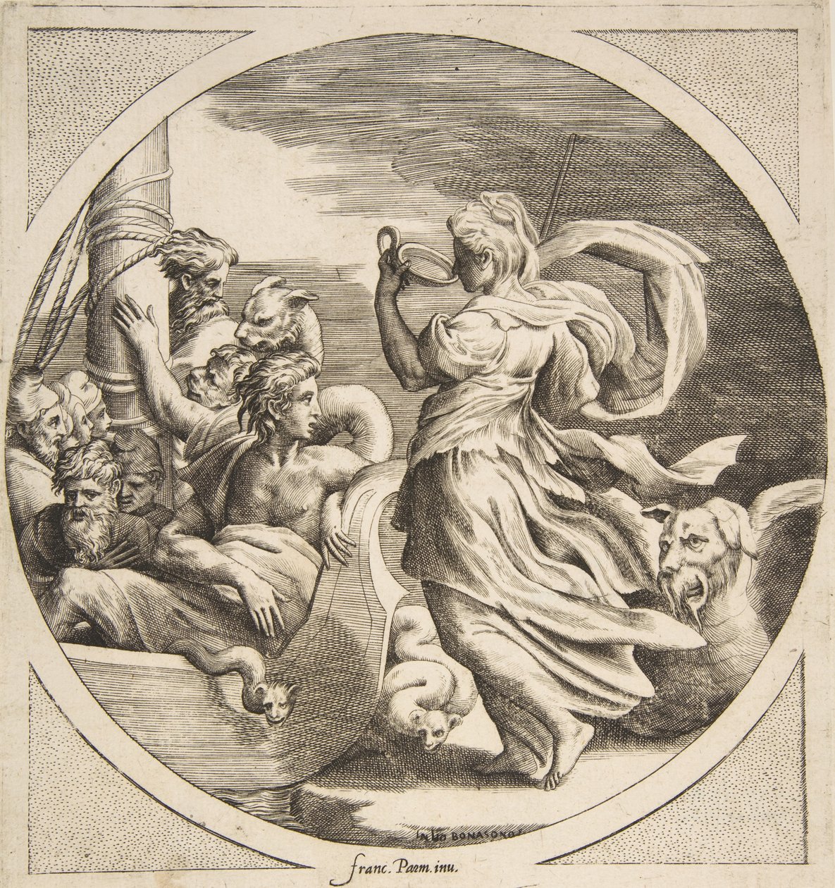 Cirke drikker af en kop med ledsagere af Ulysses i en båd til venstre, et cirkulære ..., 1531-76. af Giulio Bonasone