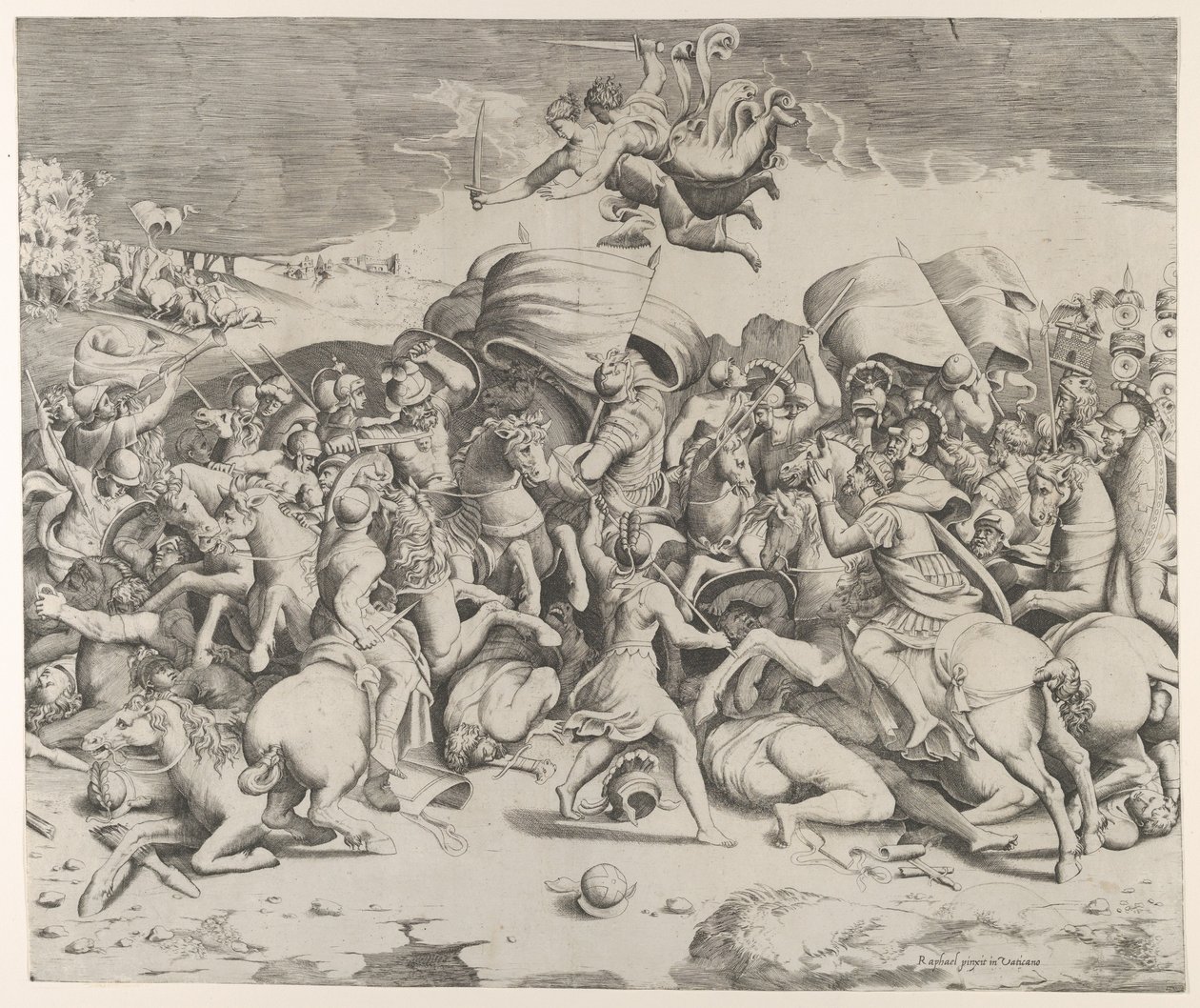 Konstantin besejrer tyrannen Maxentius, engle med sværd flyver over, 1544., 1544. af Giulio Bonasone